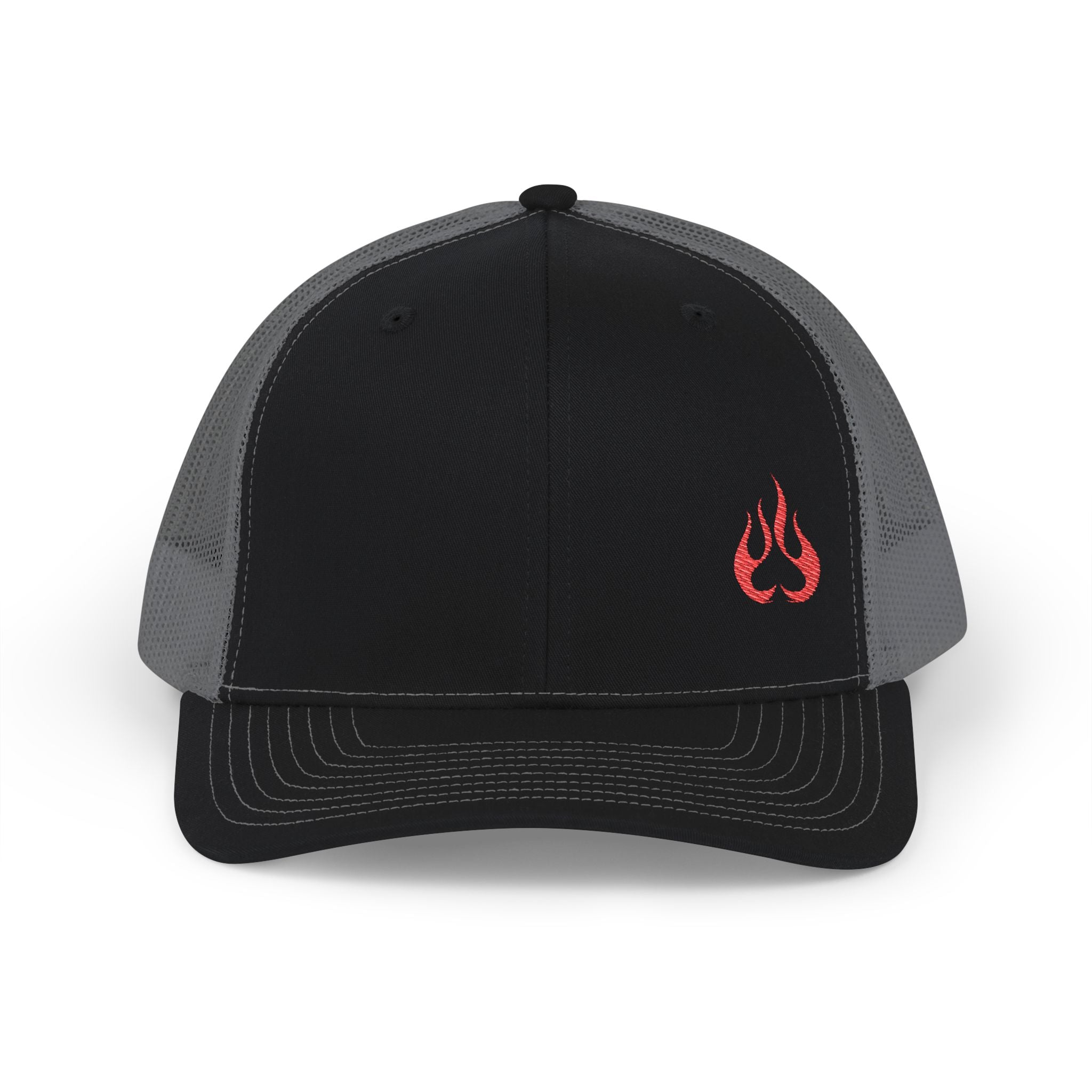 Flame Patch Trucker Cap — Retro Red Fire Embroidered Snapback