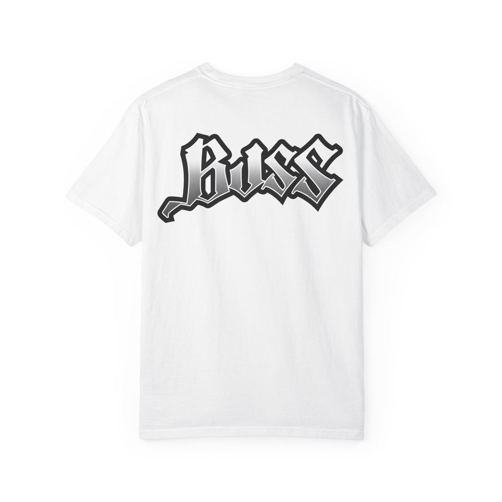 Boss Graphic T-Shirt — Gothic Logo Back with Small Flame Chest