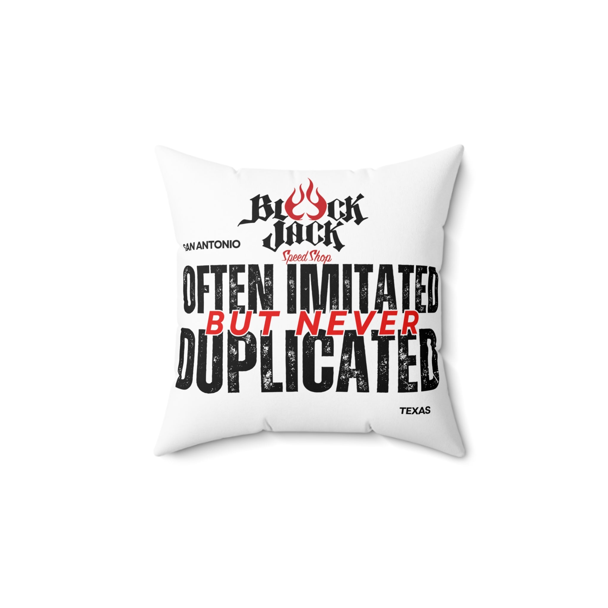 Black Jack Speed Shop Flame Logo Square Pillow — “Often Imitated But Never Duplicated” Decorative Throw