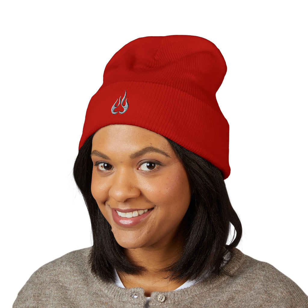 Embroidered Flame Cuffed Beanie – Minimalist Winter Knit Hat