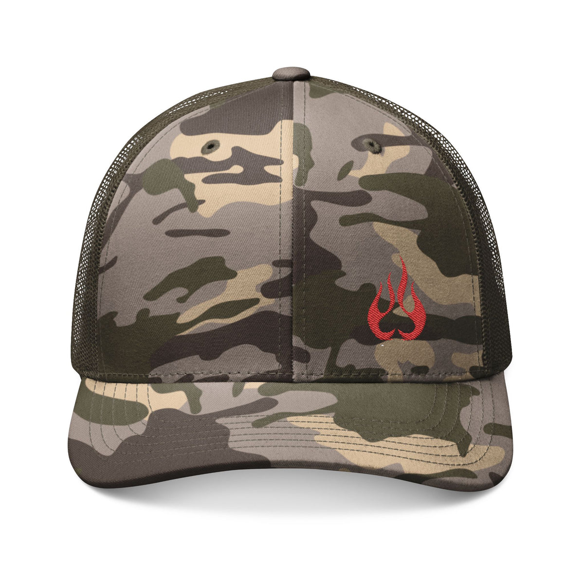 Camouflage Trucker Hat with Red Flame Embroidery