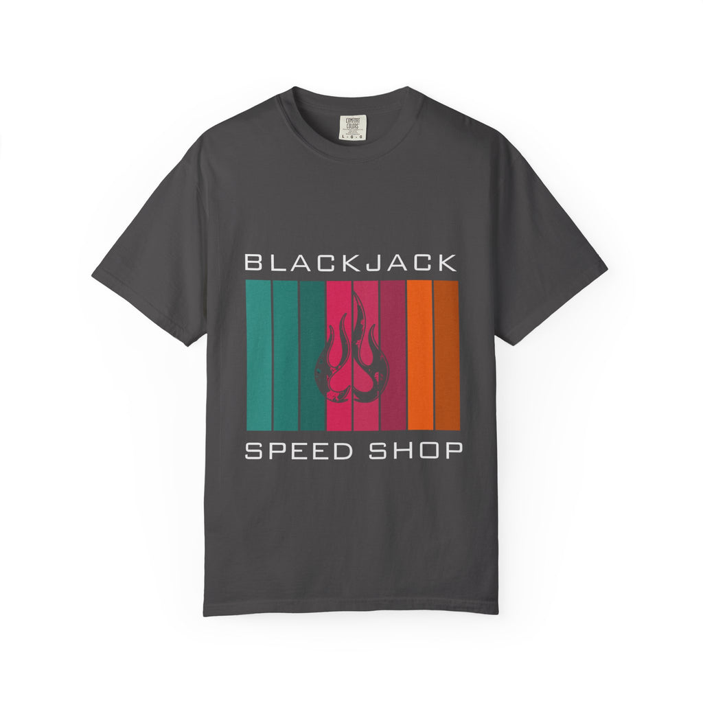 Blackjack Speed Shop T-Shirt — Retro Stripes & Flame Logo