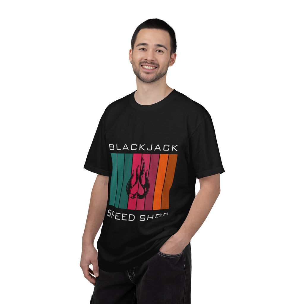 Blackjack Speed Shop T-Shirt — Retro Stripes & Flame Logo