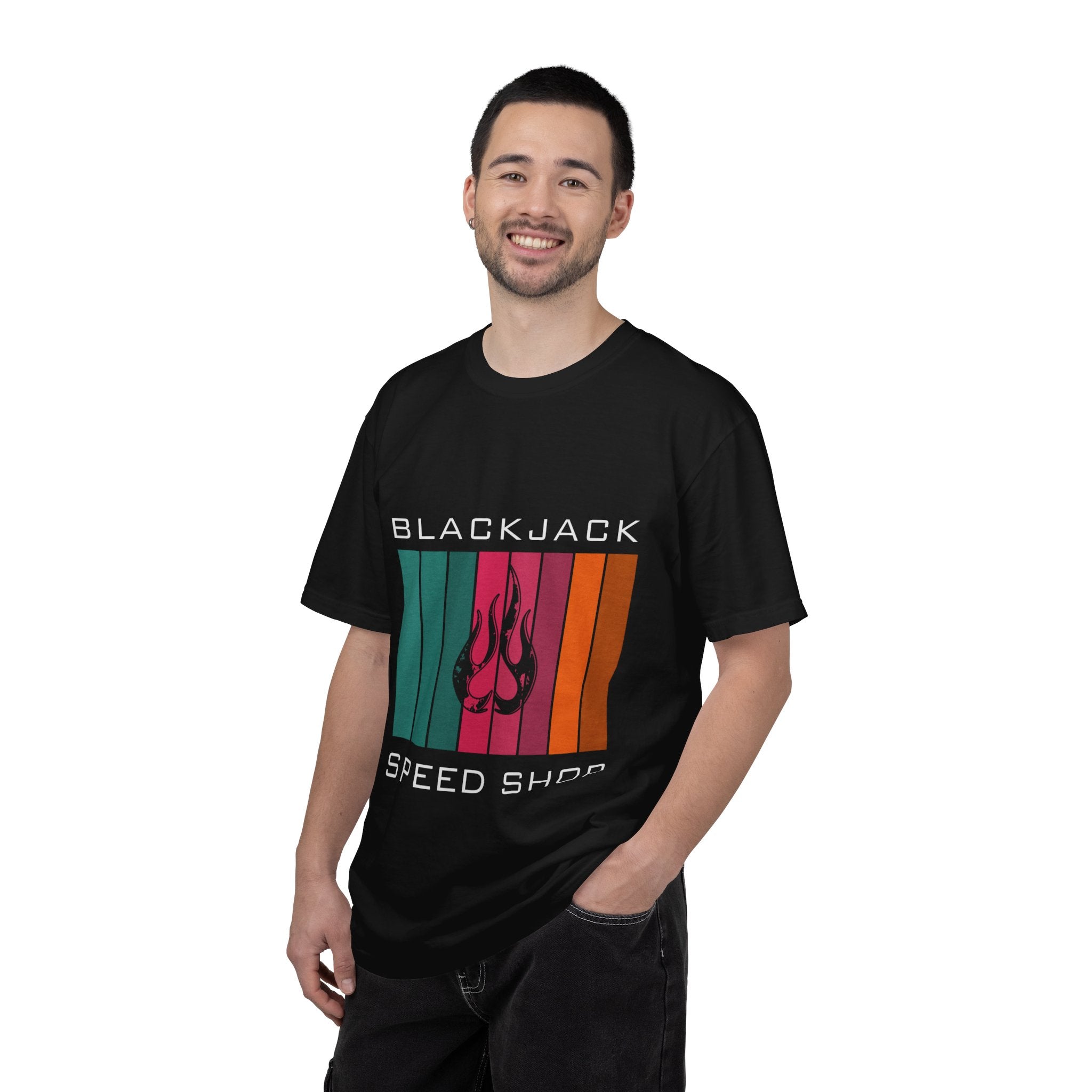 Blackjack Speed Shop T-Shirt — Retro Stripes & Flame Logo