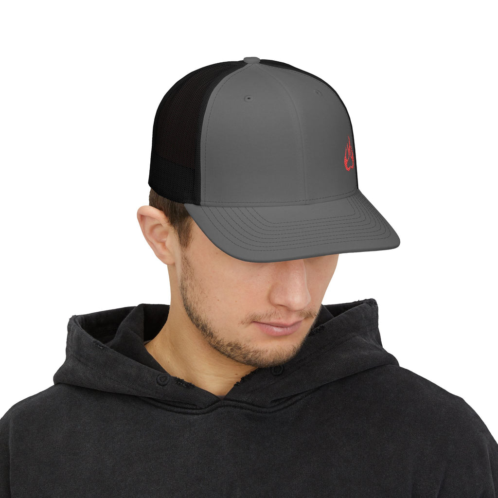 Flame Patch Trucker Cap — Retro Red Fire Embroidered Snapback