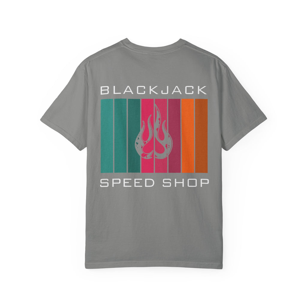 Blackjack Speed Shop T-Shirt — Retro Stripes & Flame Logo