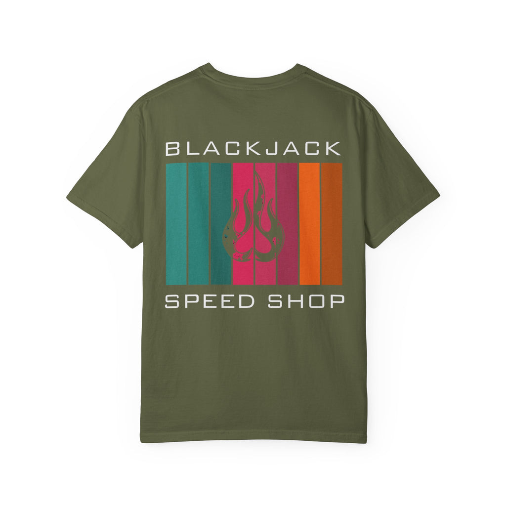 Blackjack Speed Shop T-Shirt — Retro Stripes & Flame Logo