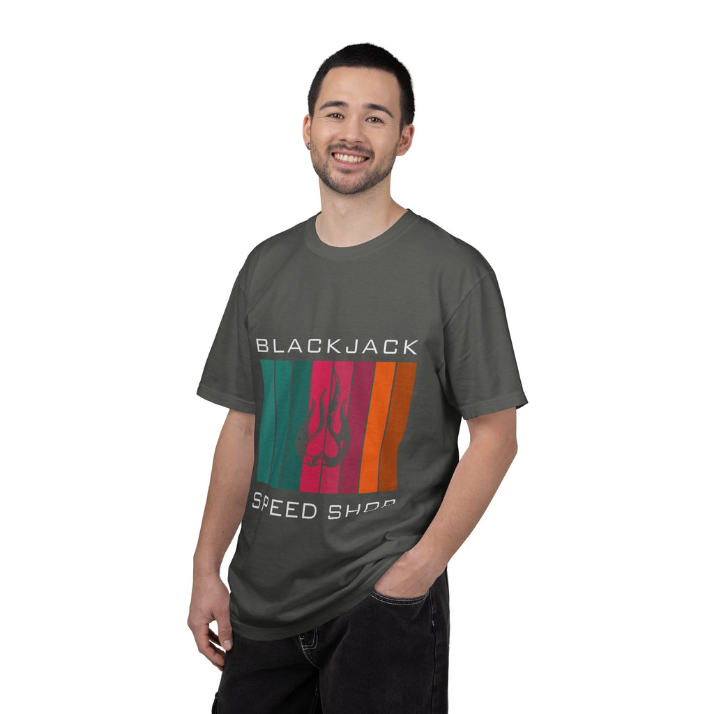 Blackjack Speed Shop T-Shirt — Retro Stripes & Flame Logo