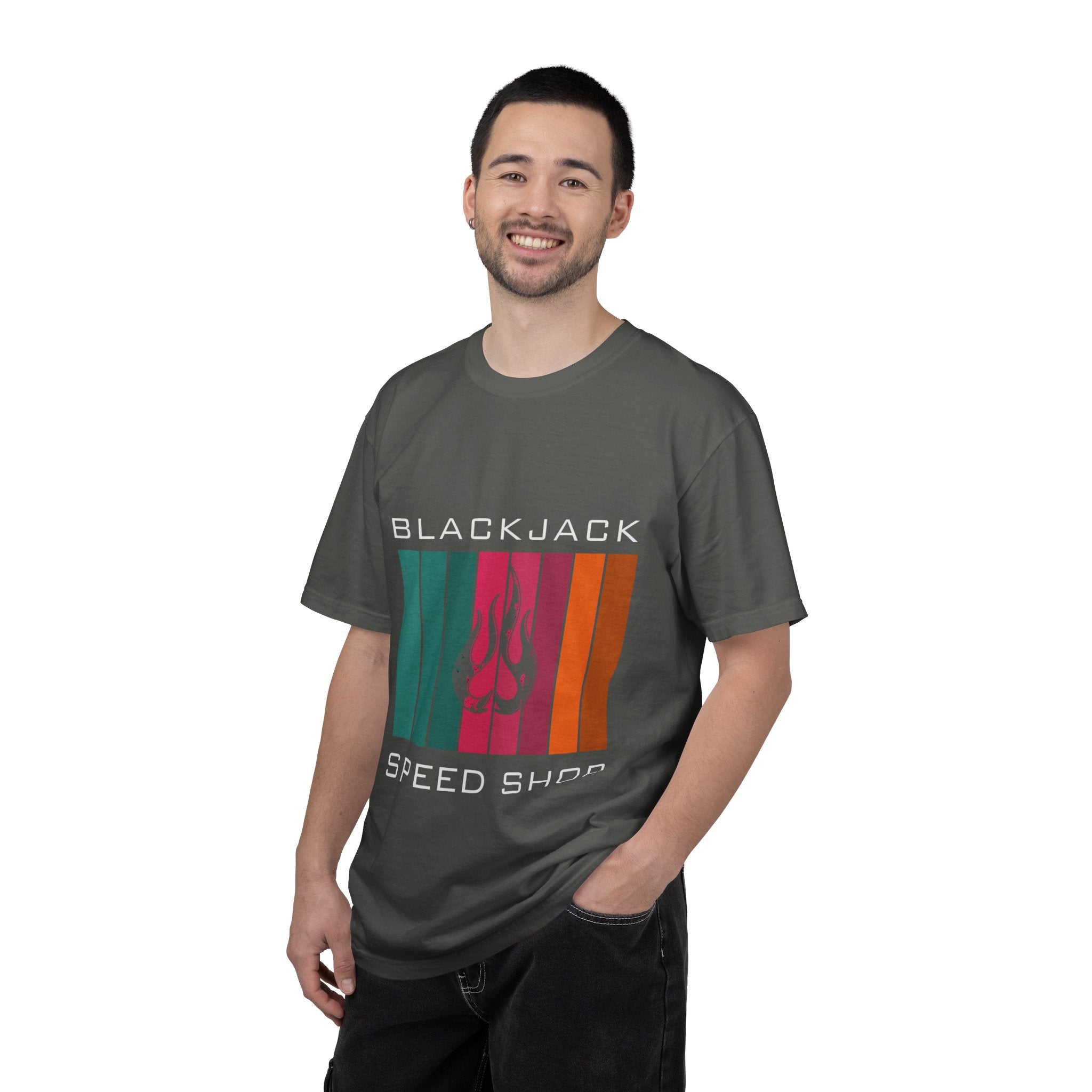 Blackjack Speed Shop T-Shirt — Retro Stripes & Flame Logo