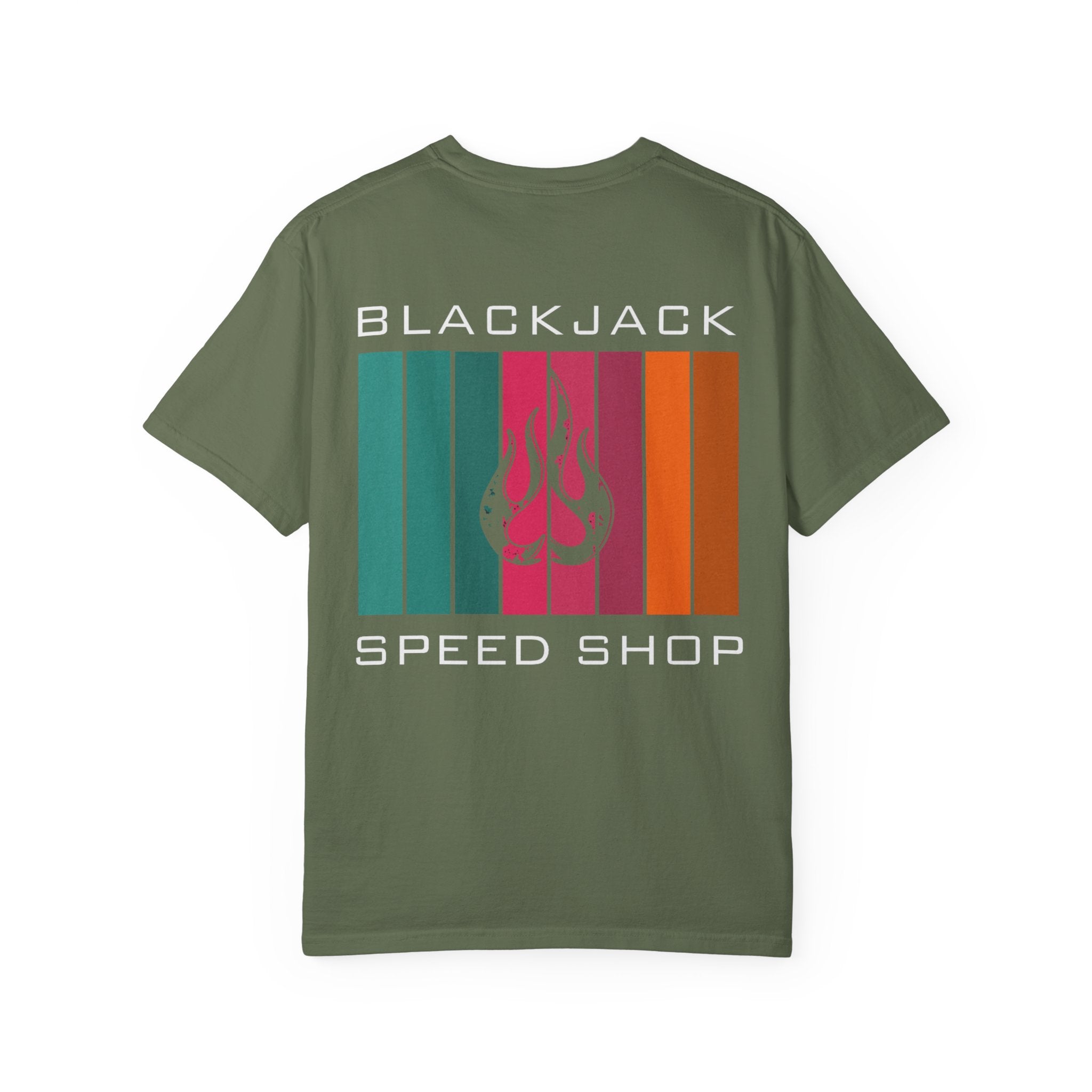 Blackjack Speed Shop T-Shirt — Retro Stripes & Flame Logo