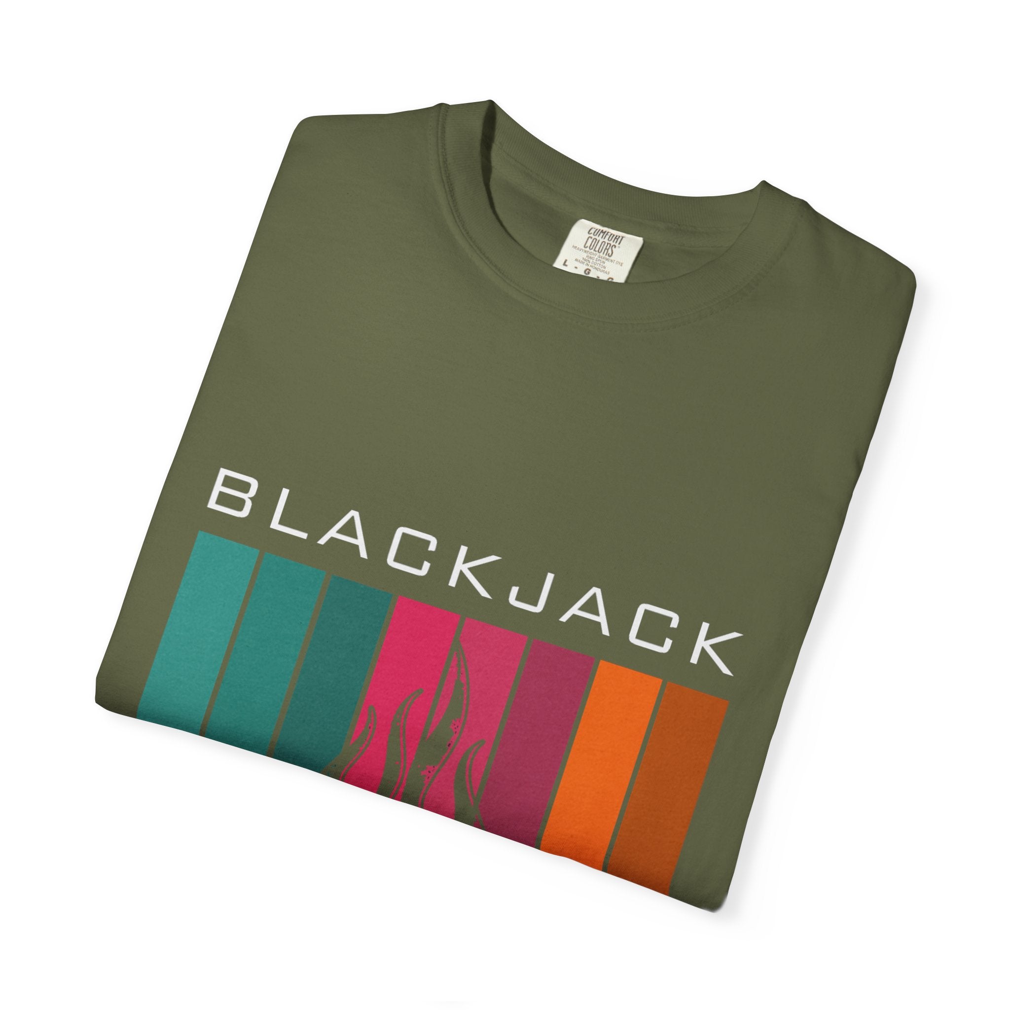 Blackjack Speed Shop T-Shirt — Retro Stripes & Flame Logo