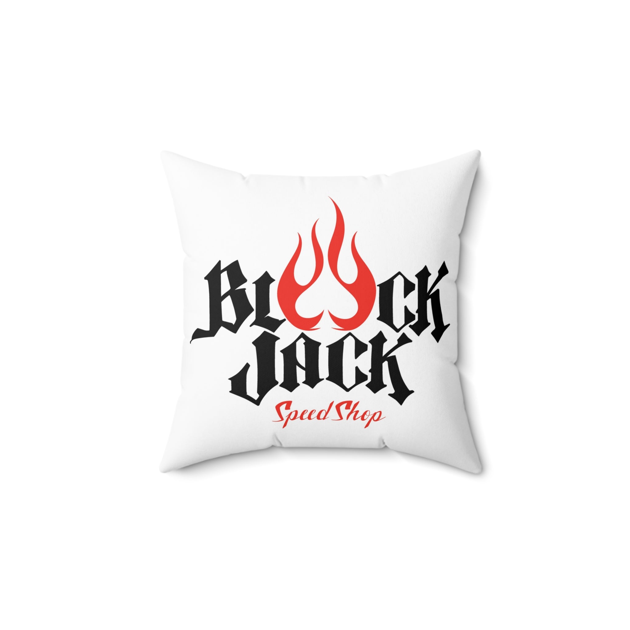 Black Jack Speed Shop Flame Logo Square Pillow — “Often Imitated But Never Duplicated” Decorative Throw