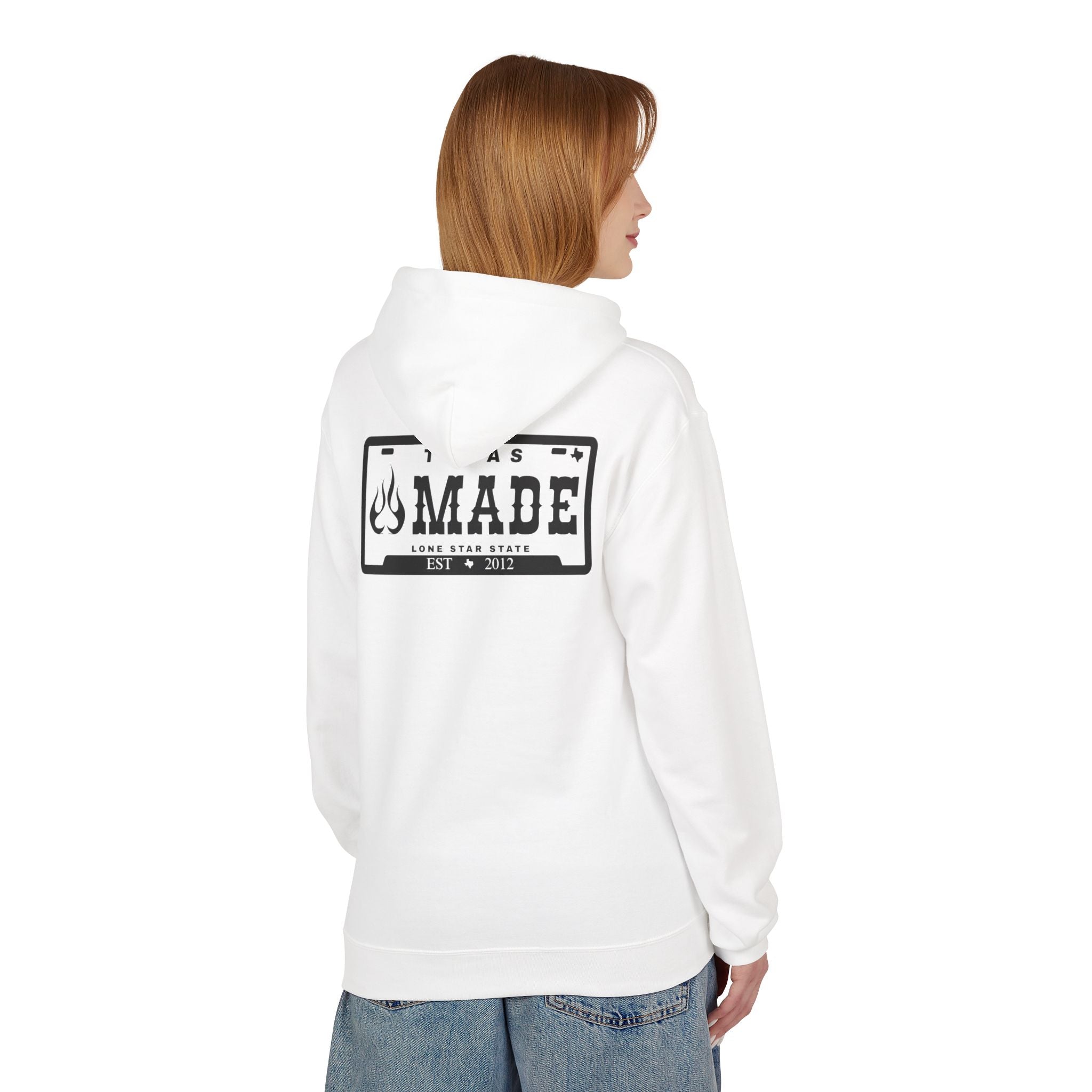 Texas Made Hoodie — ’Texas Made’ License Plate Design with Flame Logo