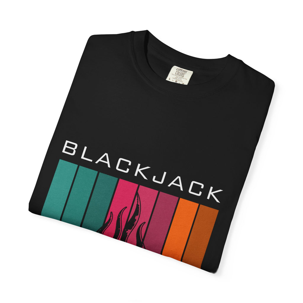 Blackjack Speed Shop T-Shirt — Retro Stripes & Flame Logo