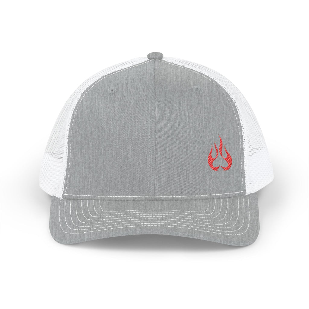 Flame Patch Trucker Cap — Retro Red Fire Embroidered Snapback