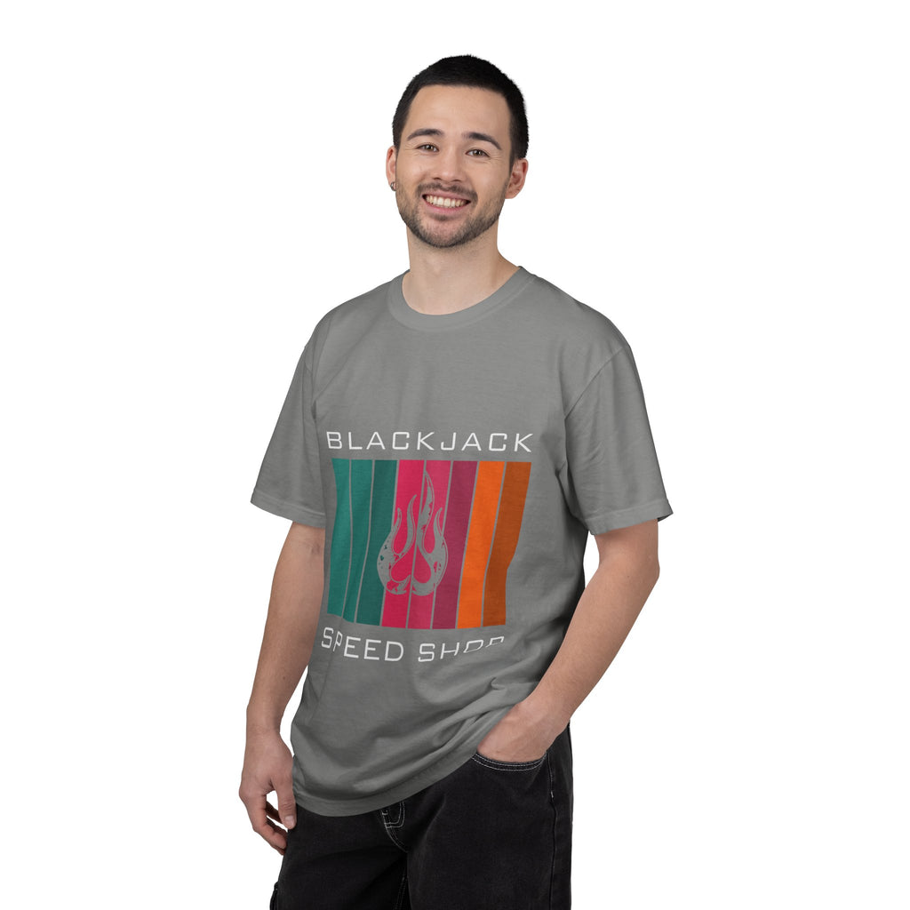 Blackjack Speed Shop T-Shirt — Retro Stripes & Flame Logo