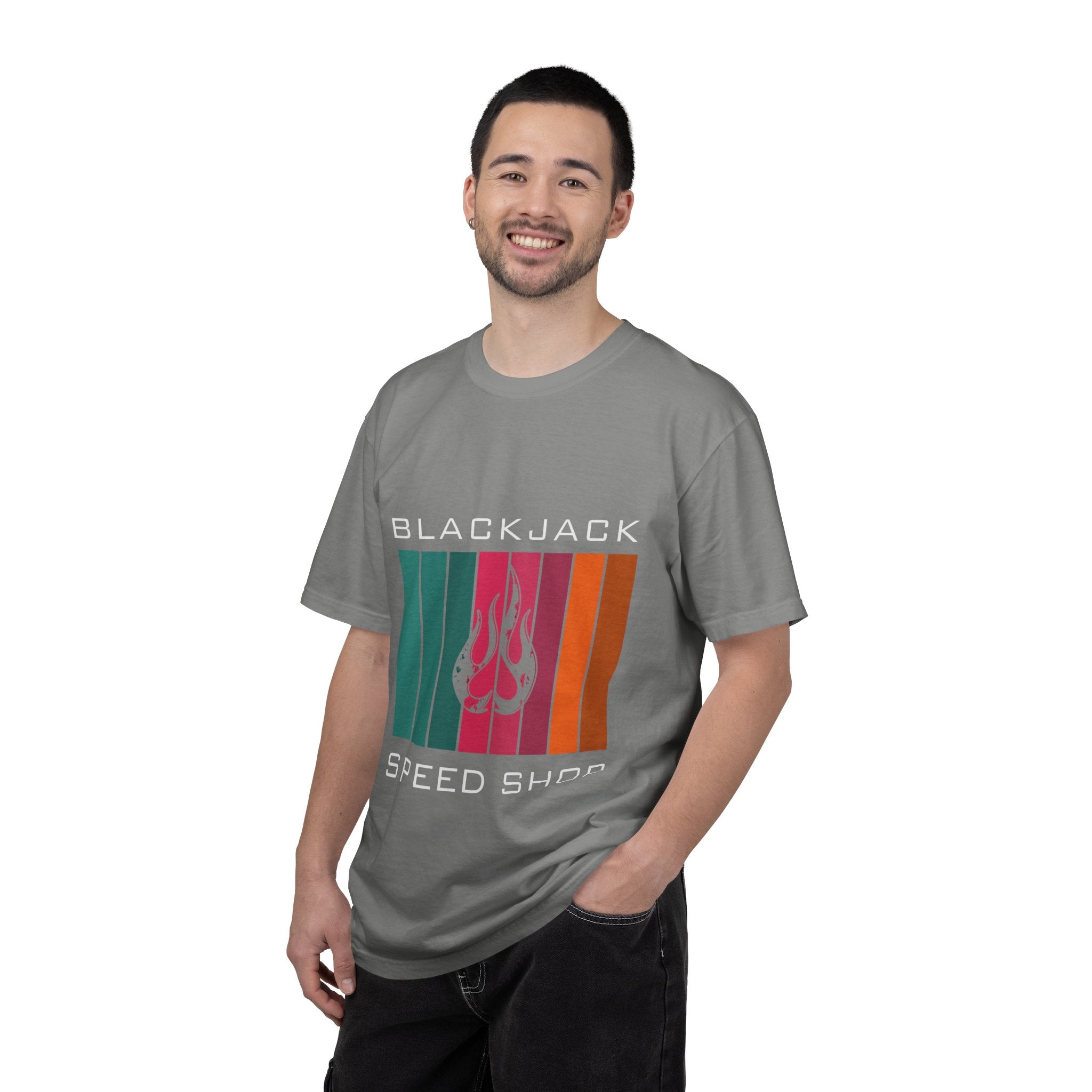 Blackjack Speed Shop T-Shirt — Retro Stripes & Flame Logo