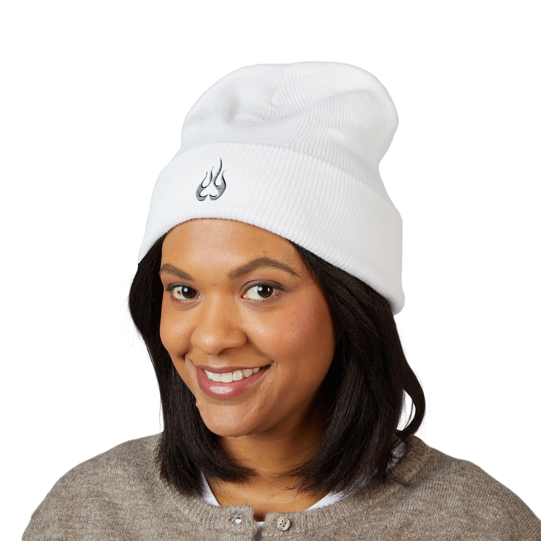 Embroidered Flame Cuffed Beanie – Minimalist Winter Knit Hat