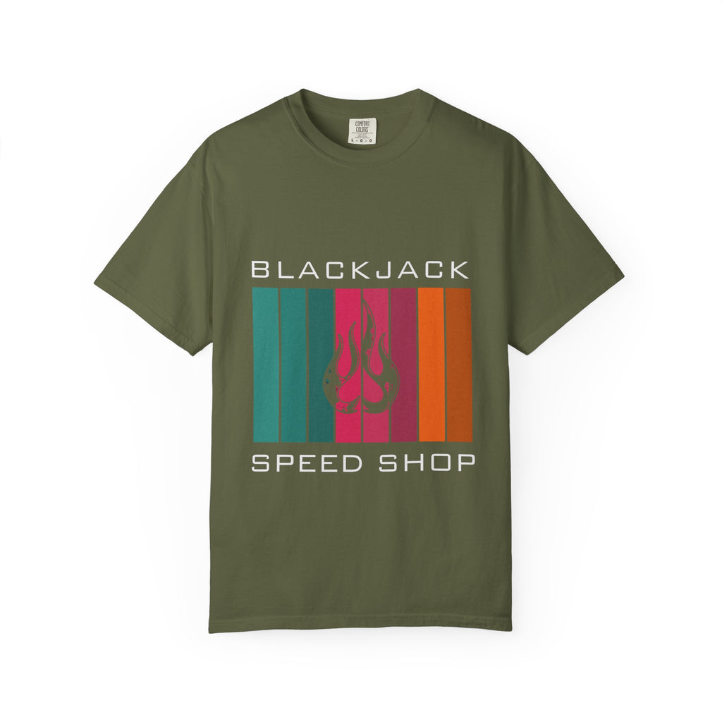 Blackjack Speed Shop T-Shirt — Retro Stripes & Flame Logo