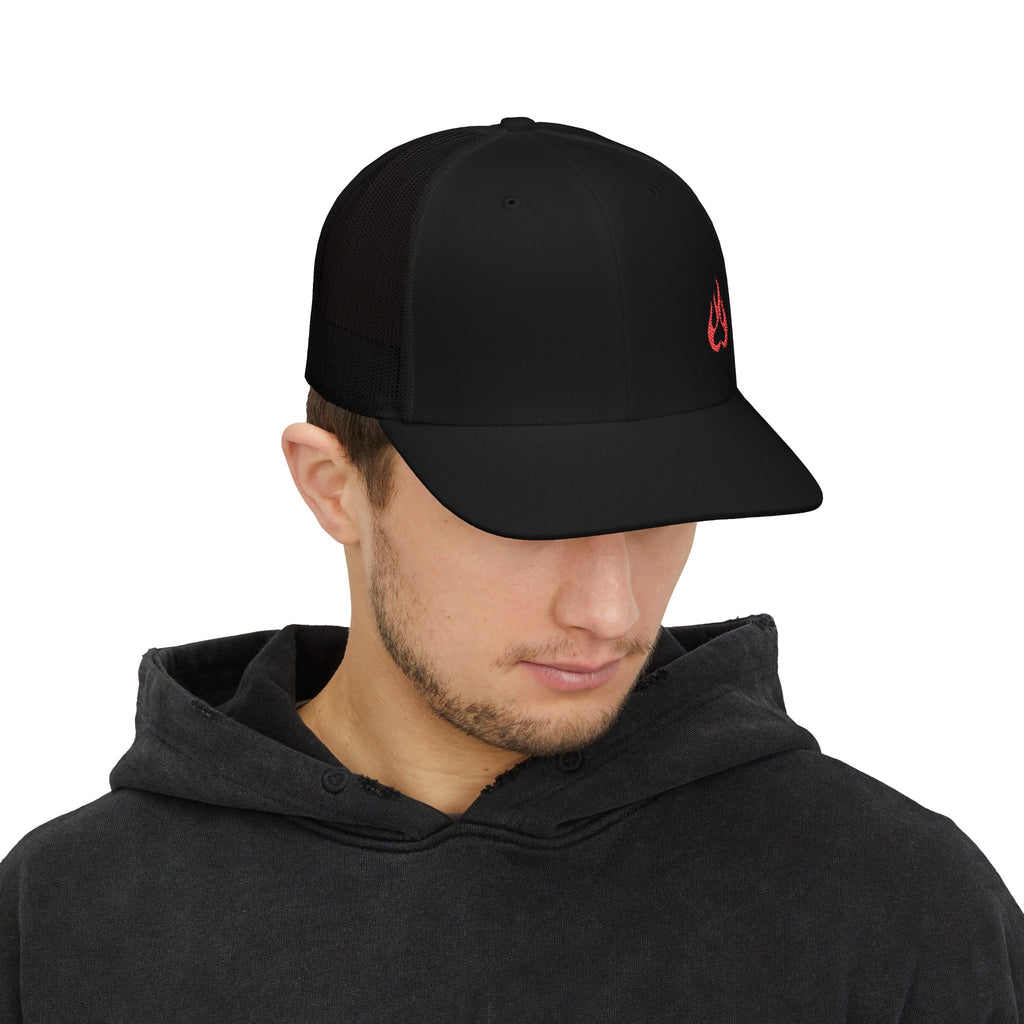 Flame Patch Trucker Cap — Retro Red Fire Embroidered Snapback