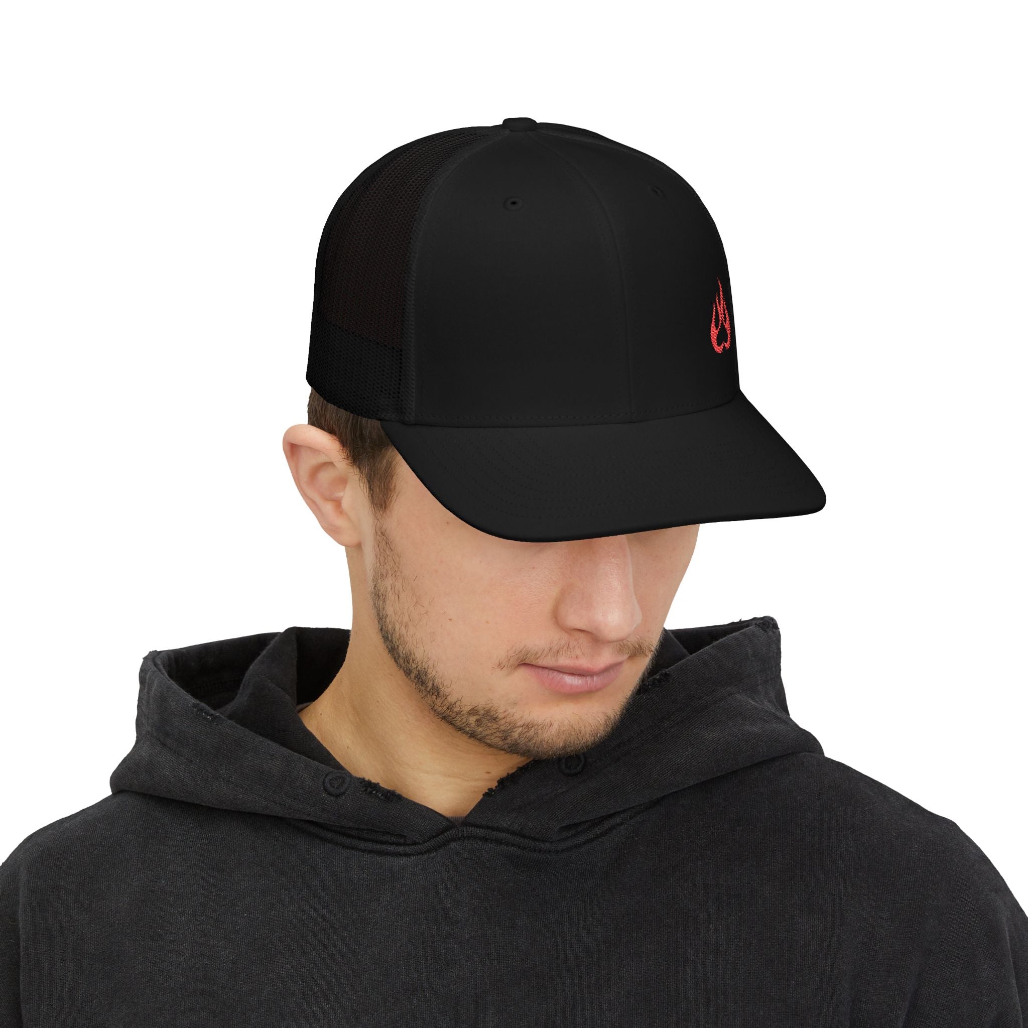 Flame Patch Trucker Cap — Retro Red Fire Embroidered Snapback