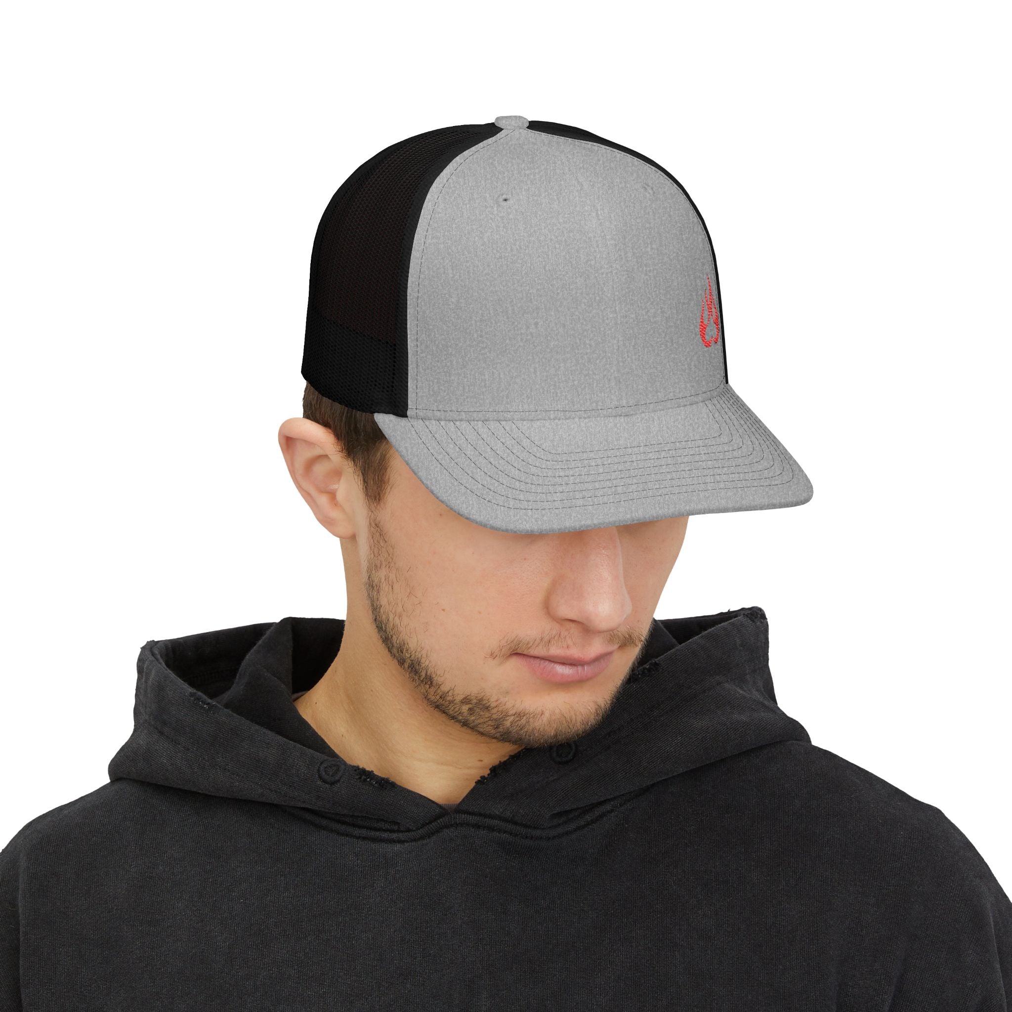 Flame Patch Trucker Cap — Retro Red Fire Embroidered Snapback