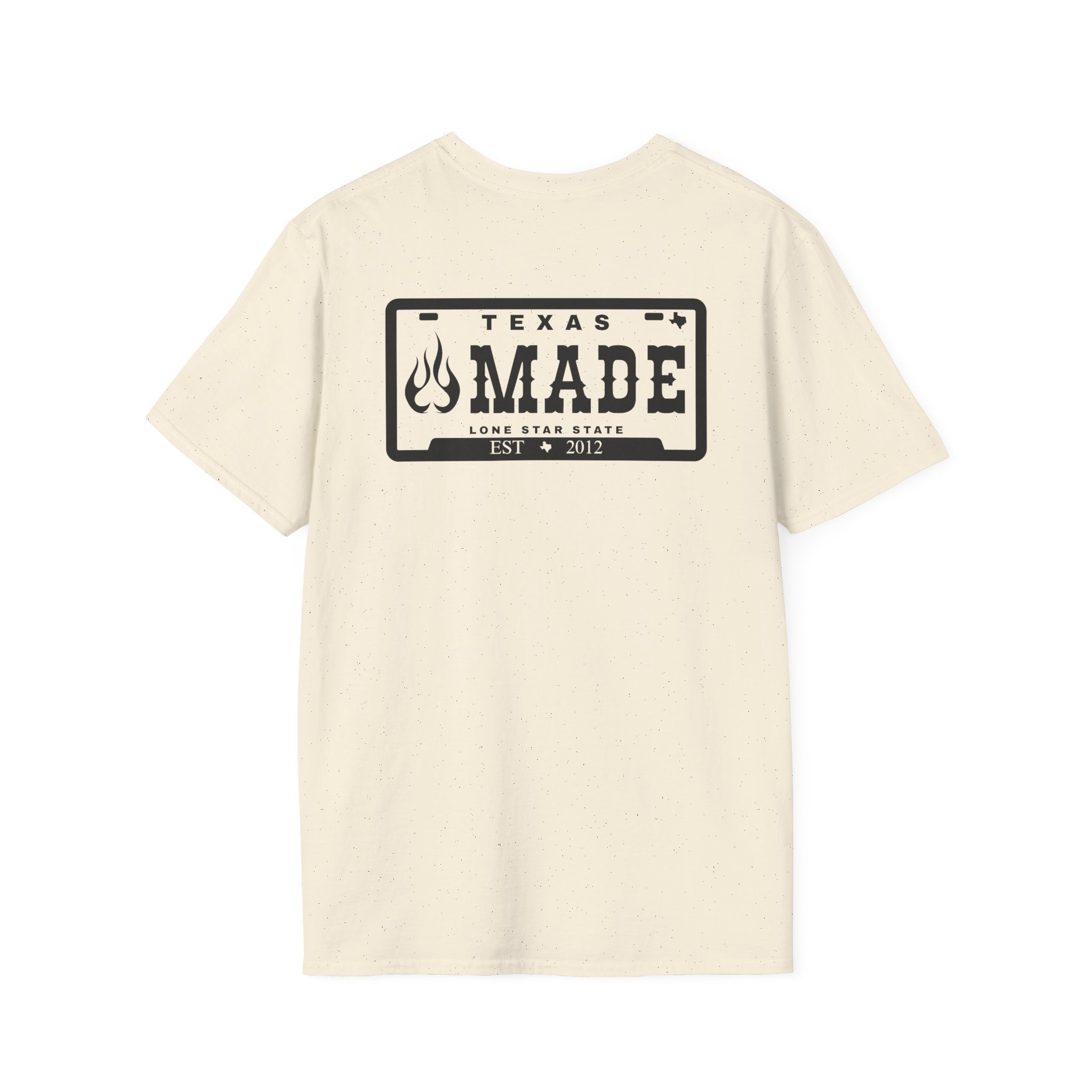 Texas Made T-Shirt – 'Texas Made' License Plate Graphic with Flame Logo
