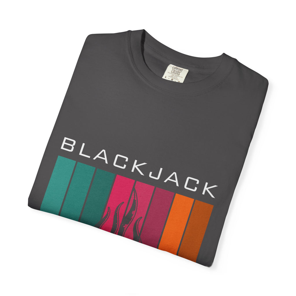 Blackjack Speed Shop T-Shirt — Retro Stripes & Flame Logo