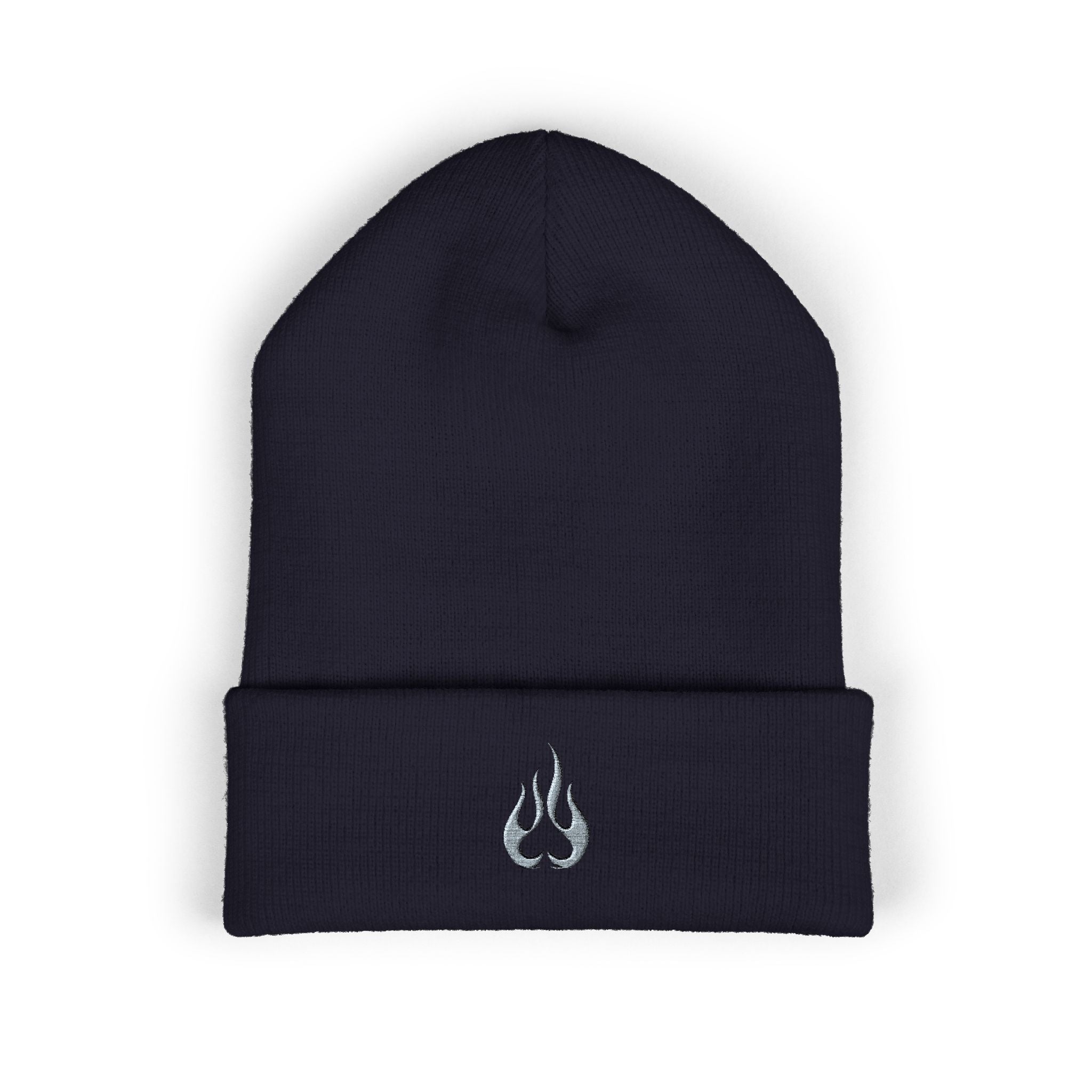 Embroidered Flame Cuffed Beanie – Minimalist Winter Knit Hat