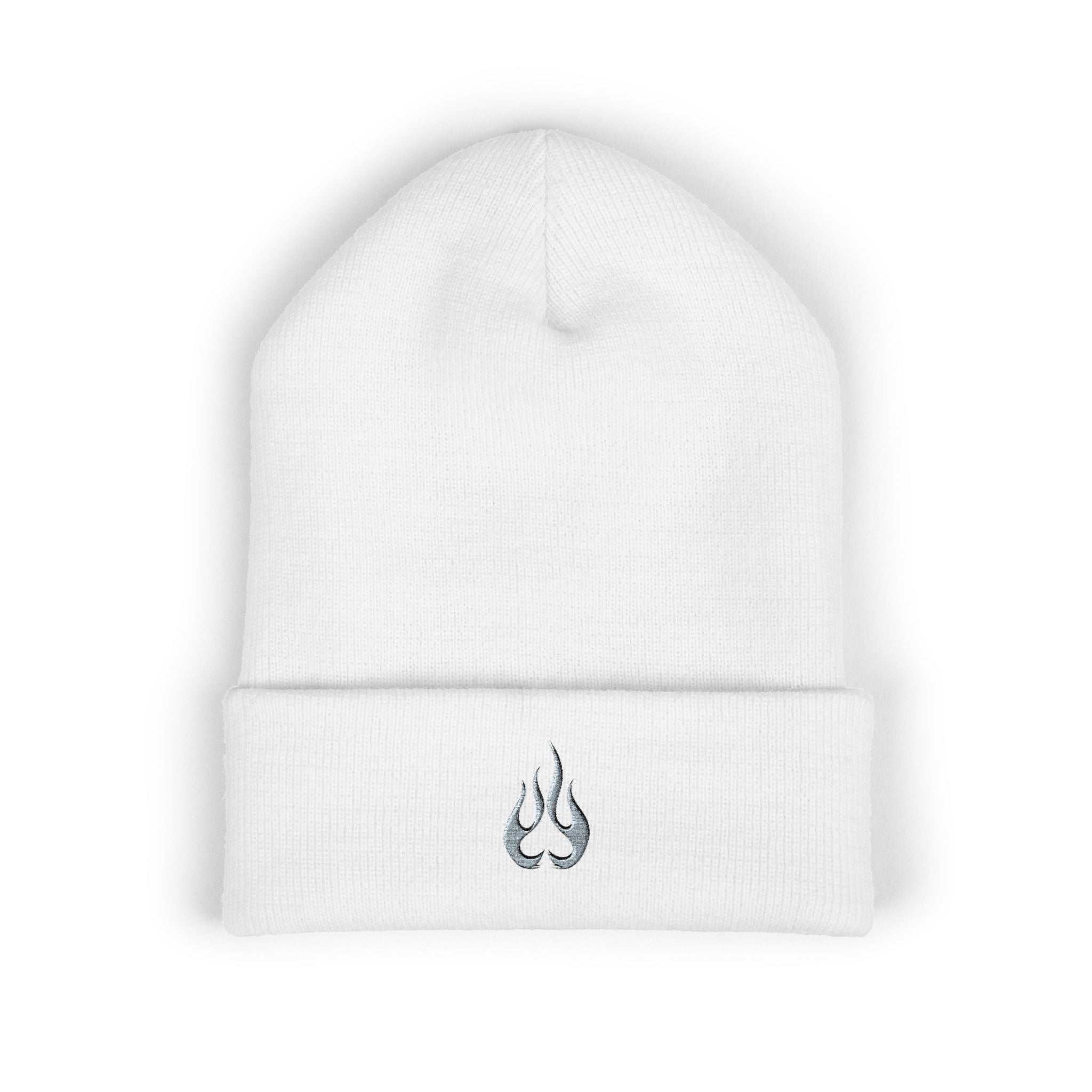 Embroidered Flame Cuffed Beanie – Minimalist Winter Knit Hat