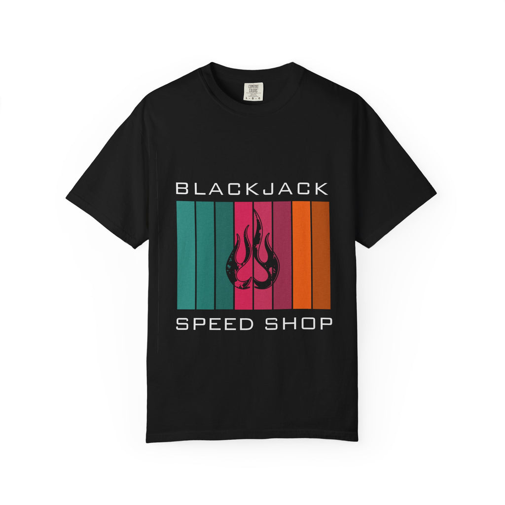 Blackjack Speed Shop T-Shirt — Retro Stripes & Flame Logo