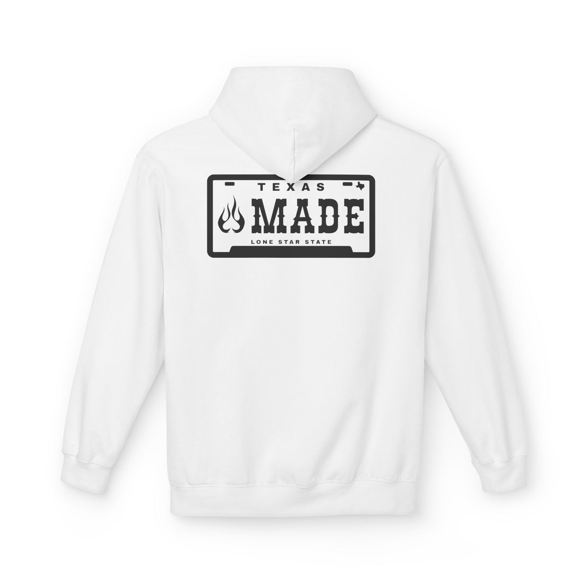 Texas Made Hoodie — ’Texas Made’ License Plate Design with Flame Logo