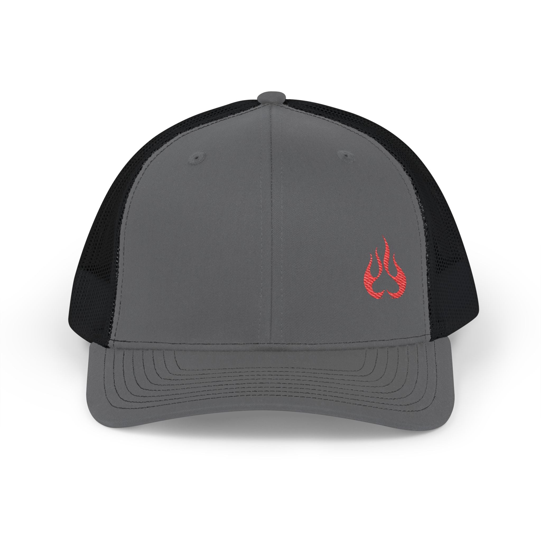 Flame Patch Trucker Cap — Retro Red Fire Embroidered Snapback