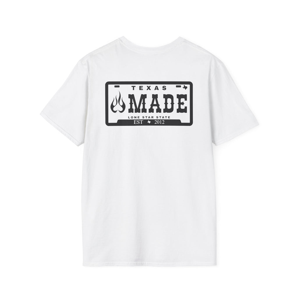 Texas Made T-Shirt – 'Texas Made' License Plate Graphic with Flame Logo