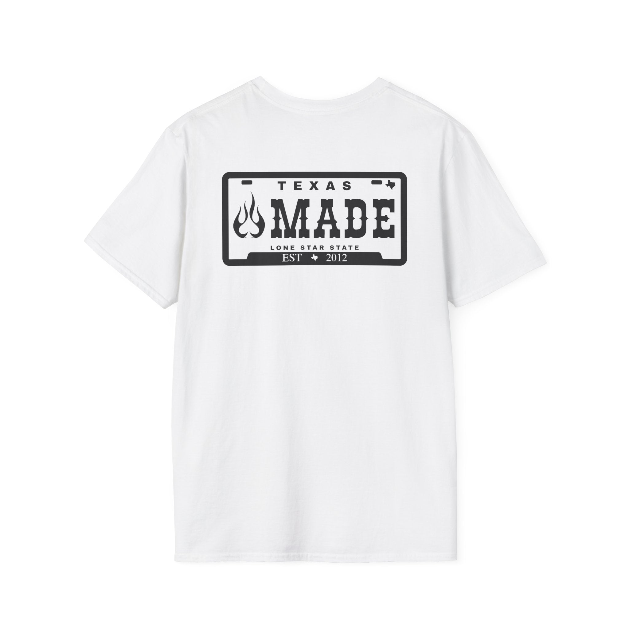 Texas Made T-Shirt – 'Texas Made' License Plate Graphic with Flame Logo