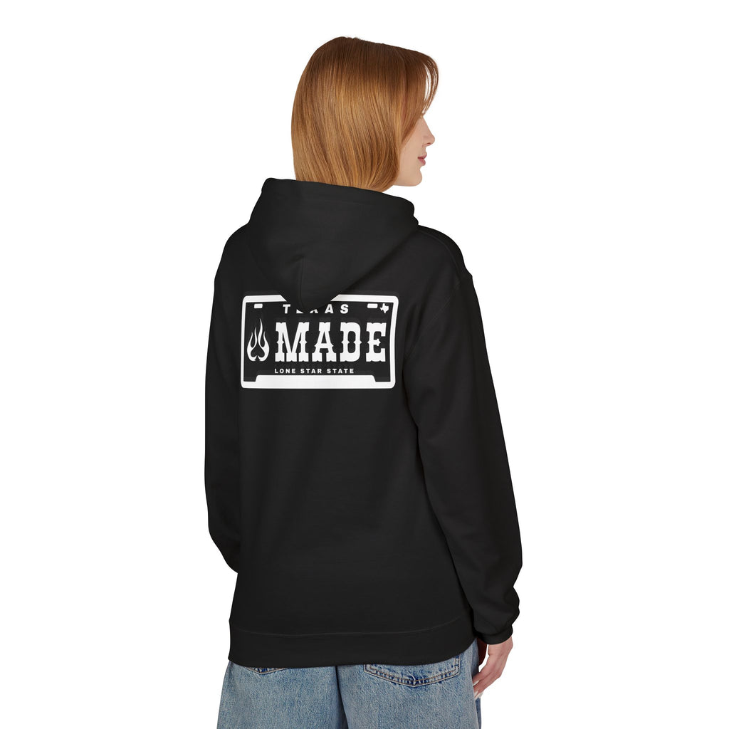 Texas Made Hoodie — ’Texas Made’ License Plate Design with Flame Logo
