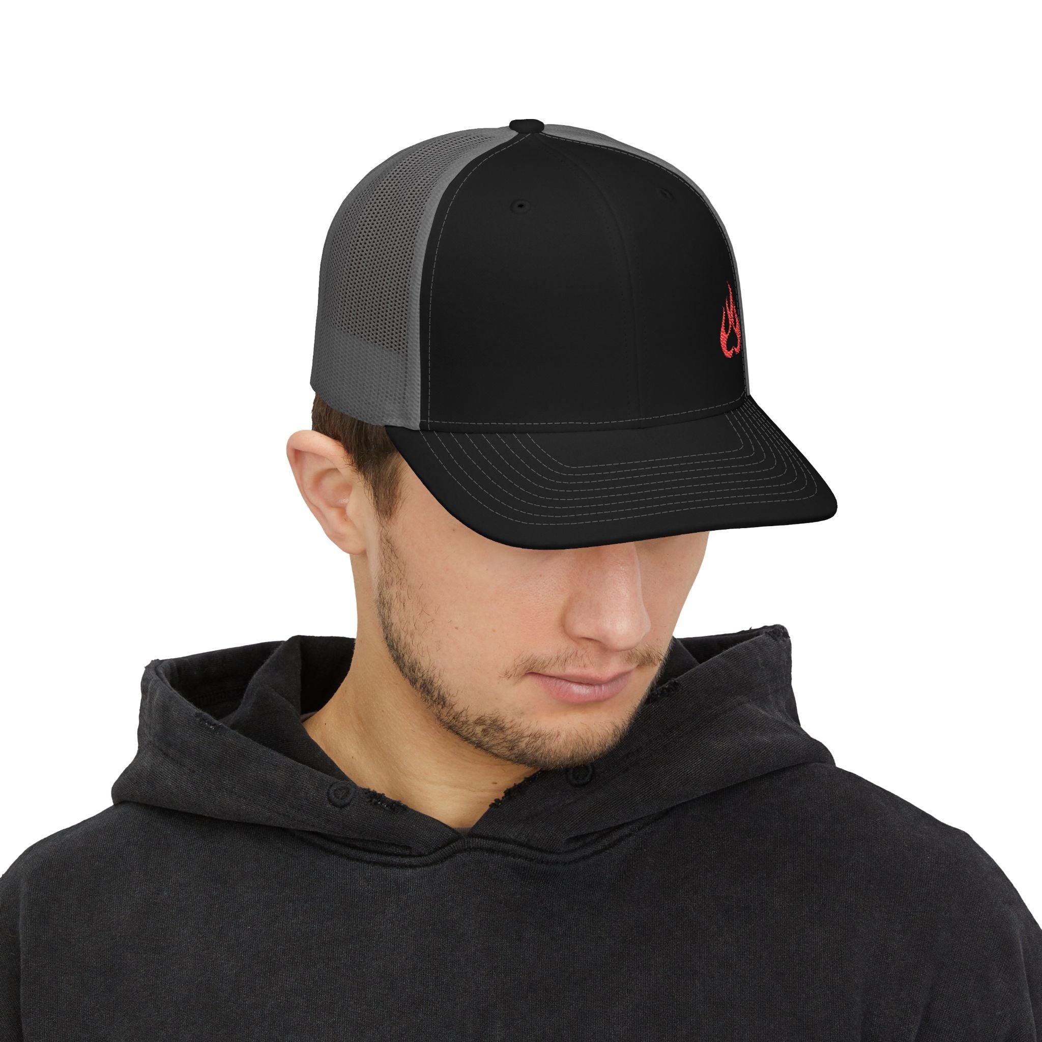 Flame Patch Trucker Cap — Retro Red Fire Embroidered Snapback