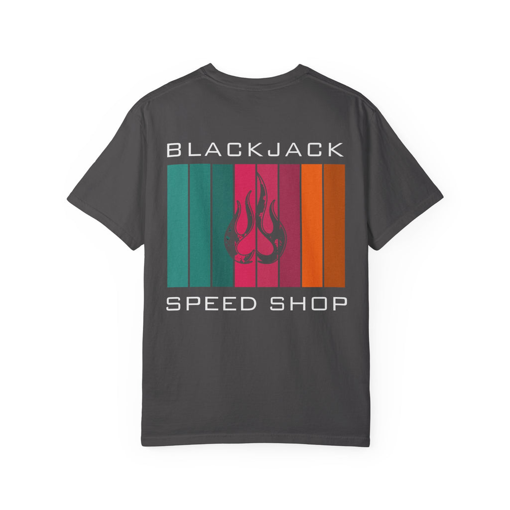 Blackjack Speed Shop T-Shirt — Retro Stripes & Flame Logo