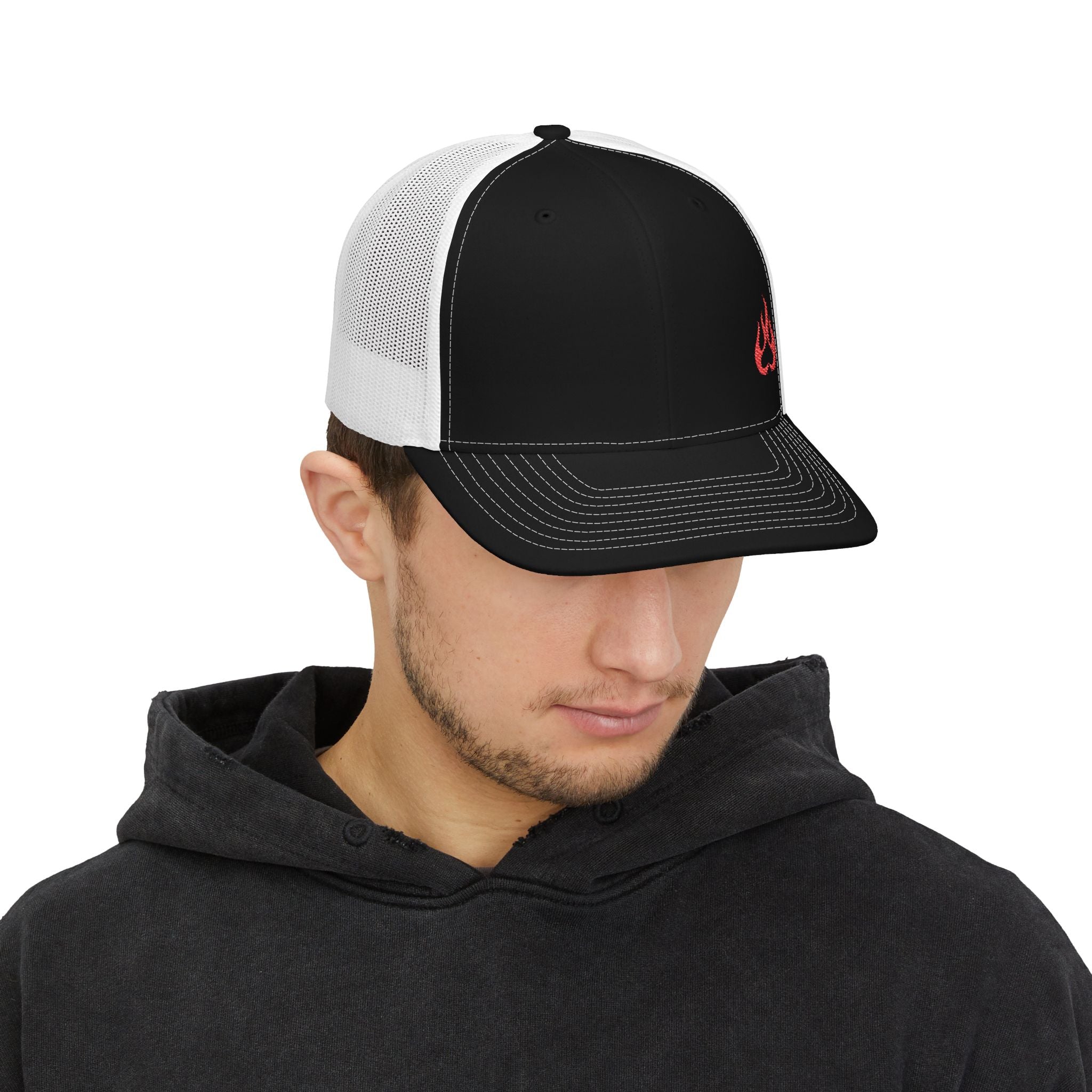 Flame Patch Trucker Cap — Retro Red Fire Embroidered Snapback