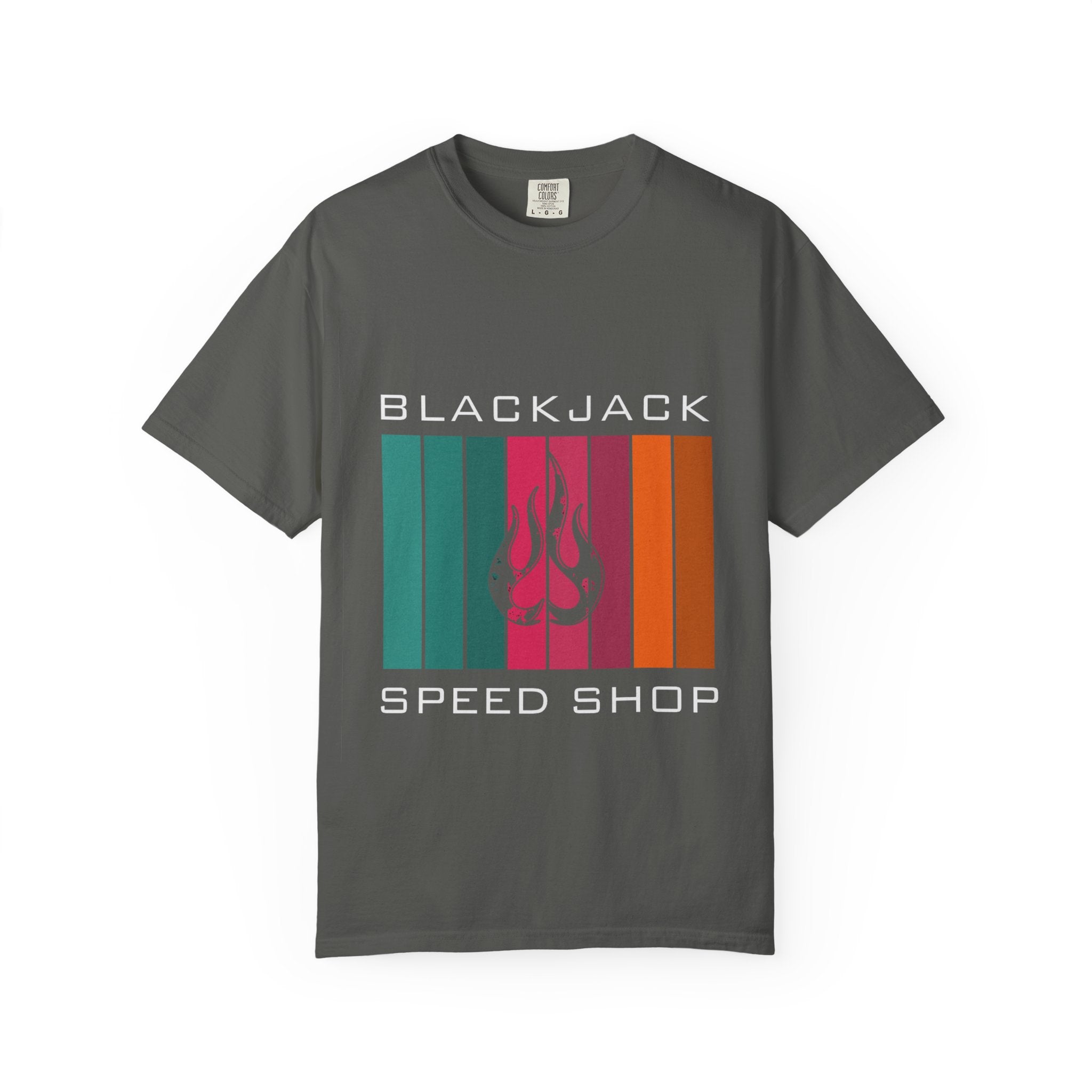 Blackjack Speed Shop T-Shirt — Retro Stripes & Flame Logo