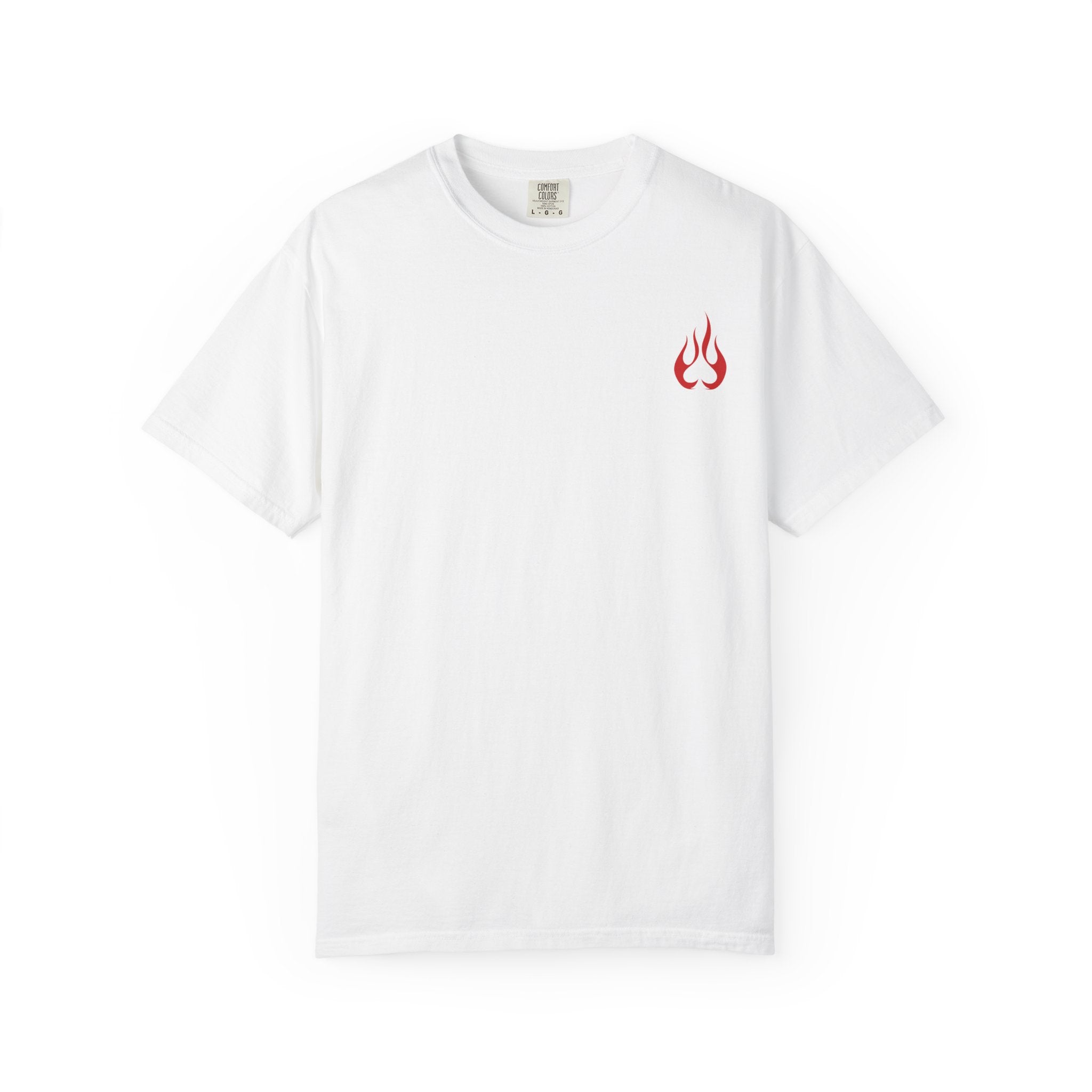 Boss Graphic T-Shirt — Gothic Logo Back with Small Flame Chest