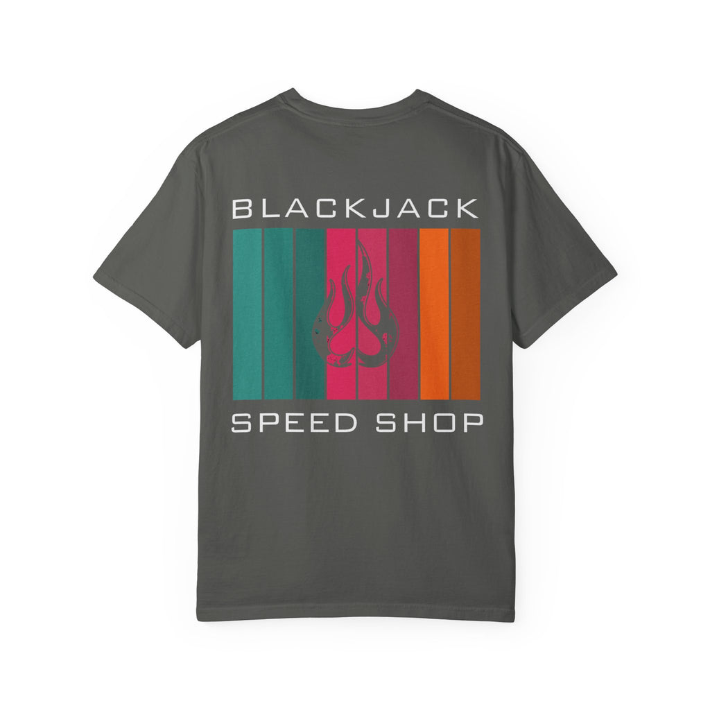 Blackjack Speed Shop T-Shirt — Retro Stripes & Flame Logo