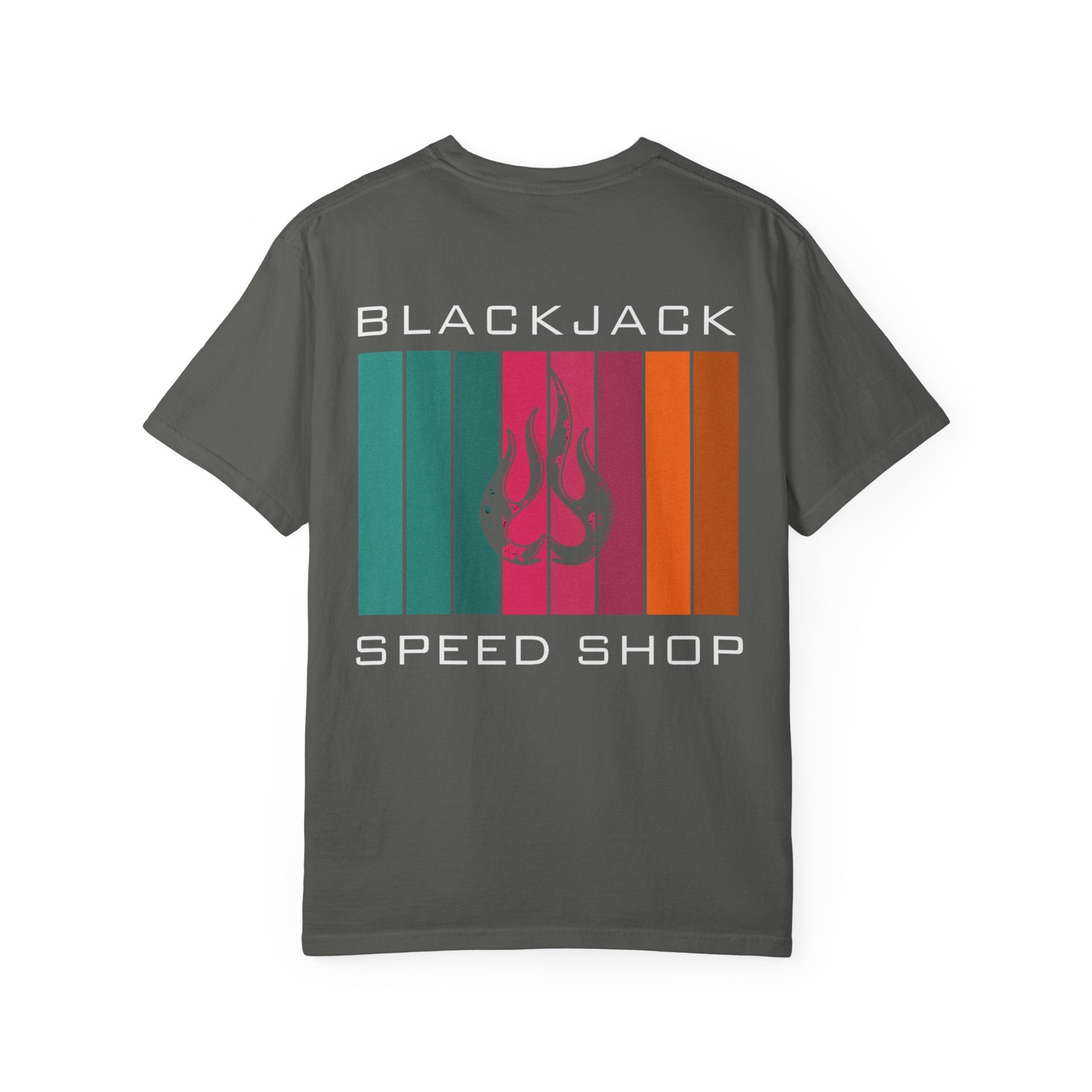 Blackjack Speed Shop T-Shirt — Retro Stripes & Flame Logo