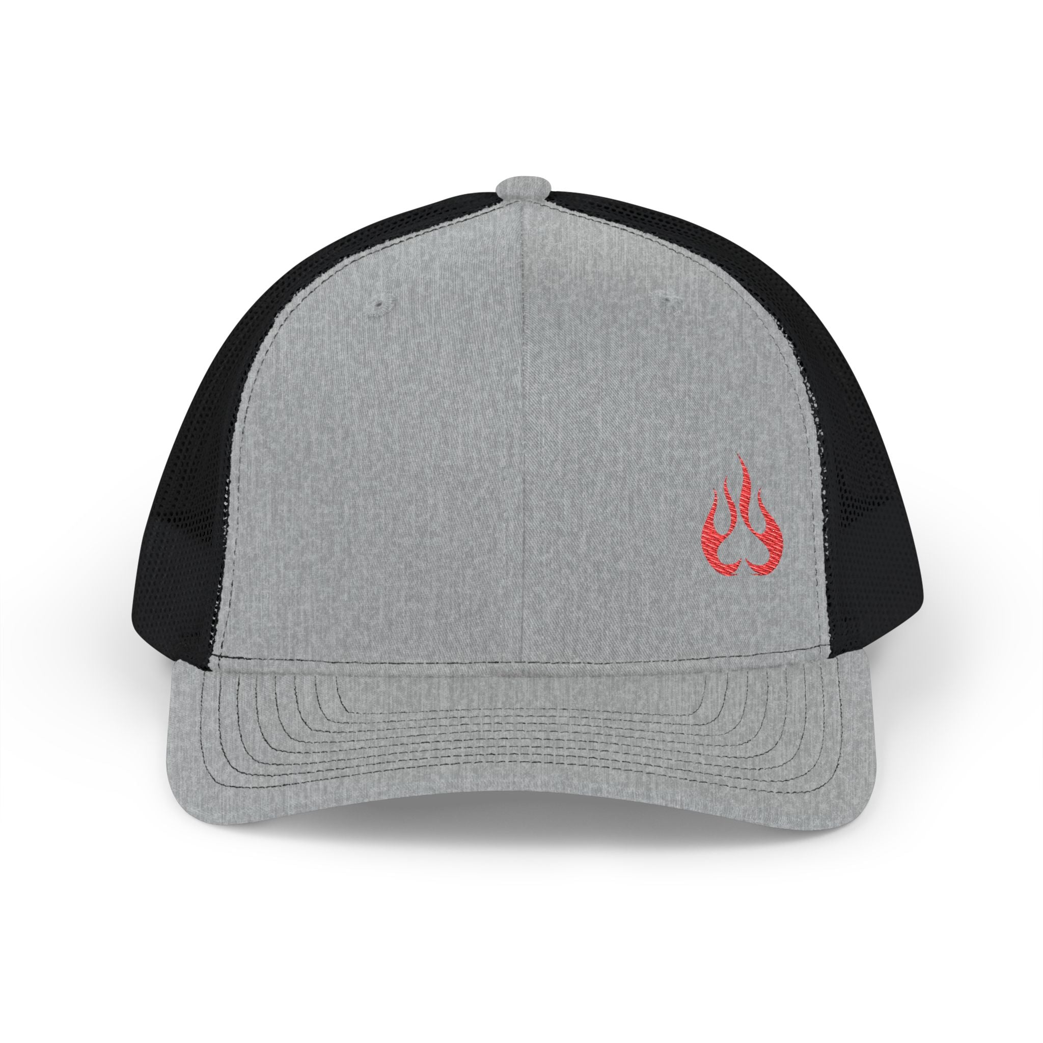 Flame Patch Trucker Cap — Retro Red Fire Embroidered Snapback