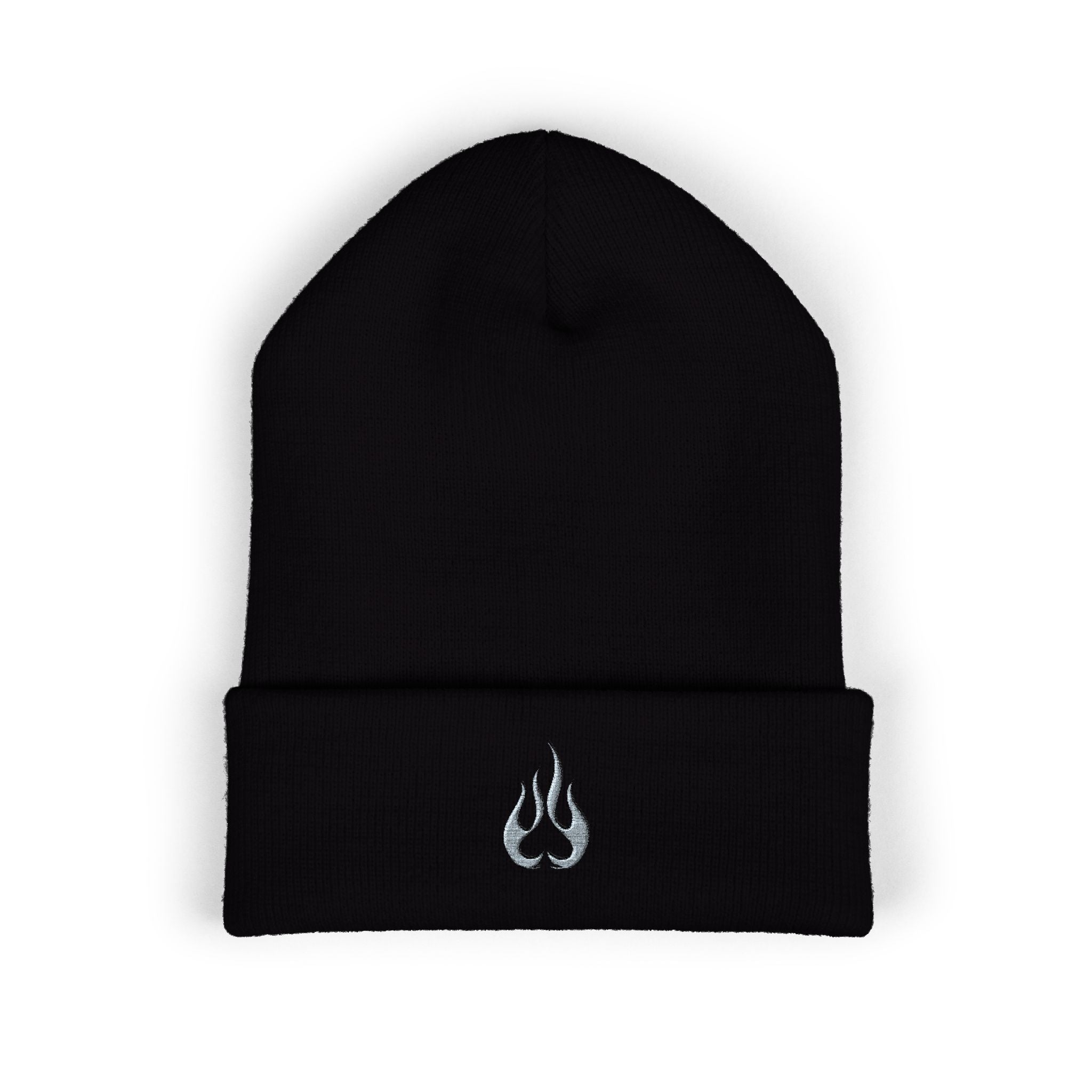 Embroidered Flame Cuffed Beanie – Minimalist Winter Knit Hat