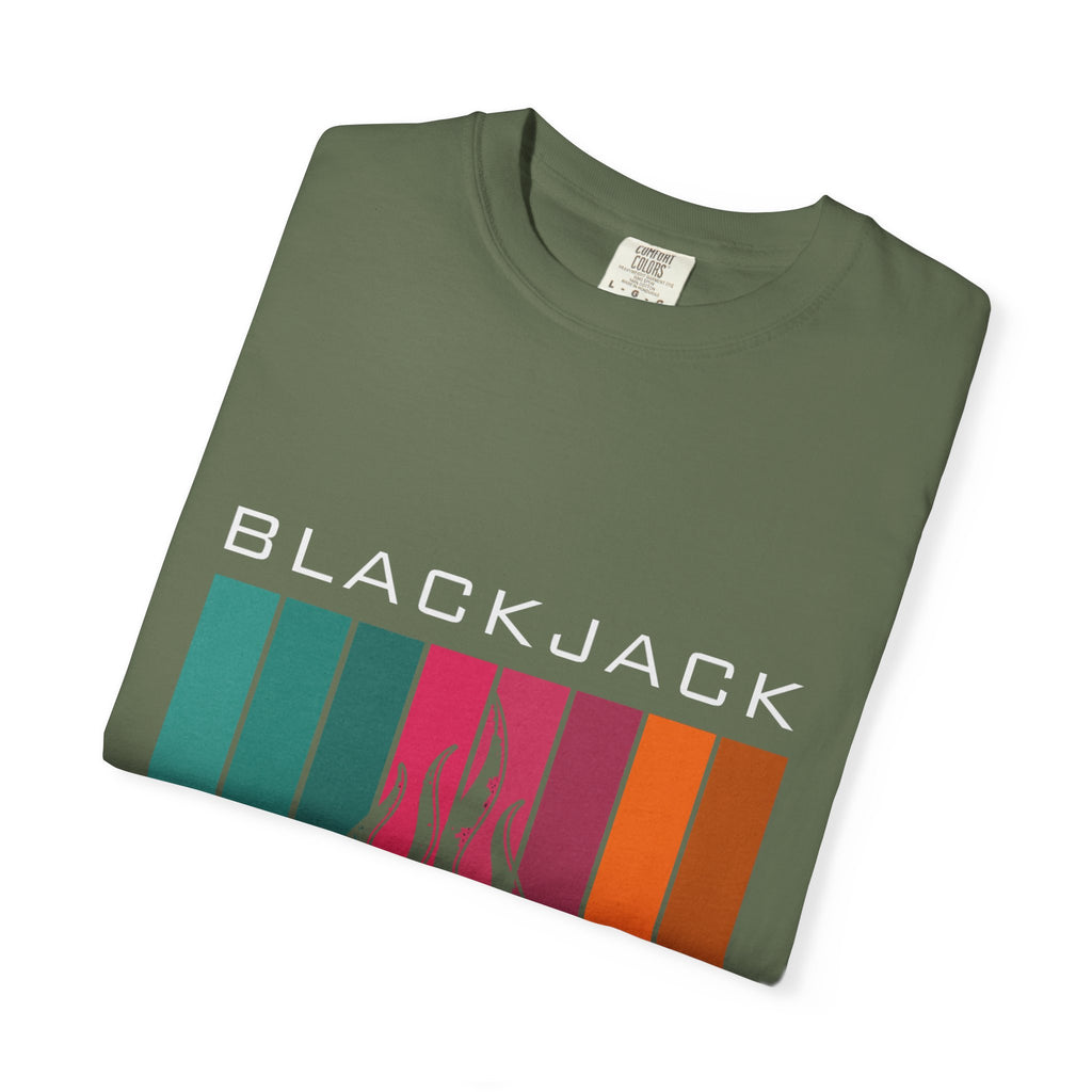 Blackjack Speed Shop T-Shirt — Retro Stripes & Flame Logo