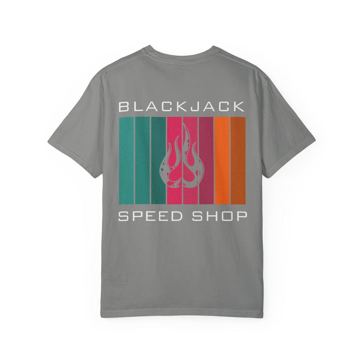 Blackjack Speed Shop T-Shirt — Retro Stripes & Flame Logo