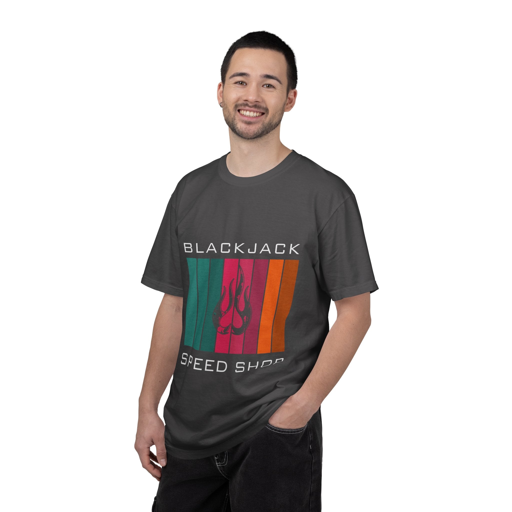 Blackjack Speed Shop T-Shirt — Retro Stripes & Flame Logo