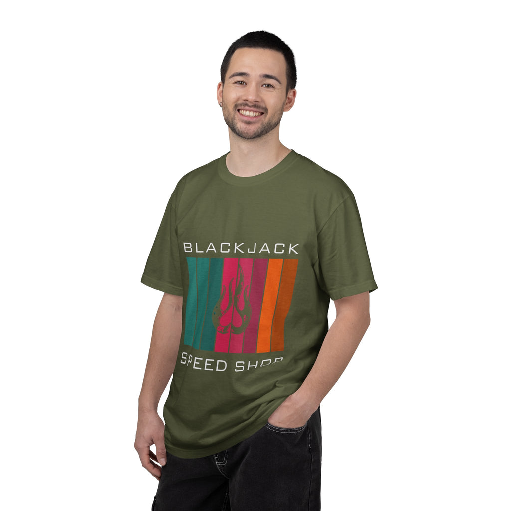 Blackjack Speed Shop T-Shirt — Retro Stripes & Flame Logo