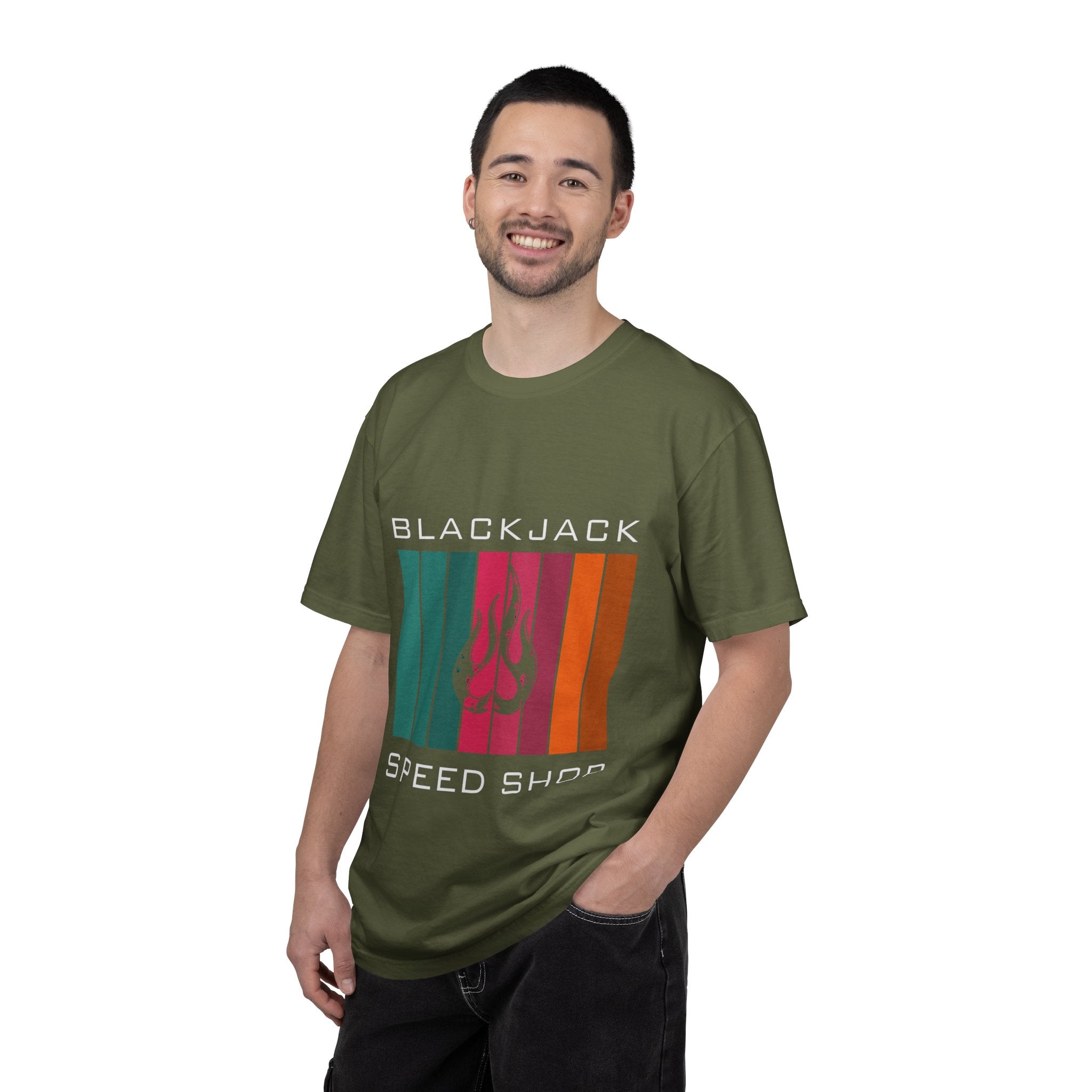 Blackjack Speed Shop T-Shirt — Retro Stripes & Flame Logo